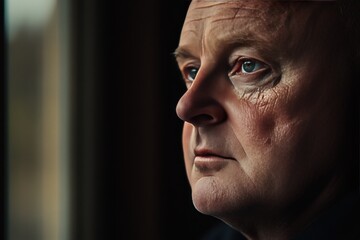 Profile of older man with contemplative gaze soft lighting highlights facial features emphasizing wisdom experience and reflective mood in a close up portrait photography