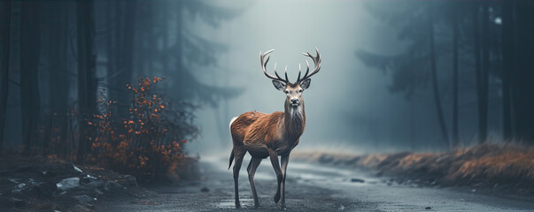 deer standing proudly on a forest misty road