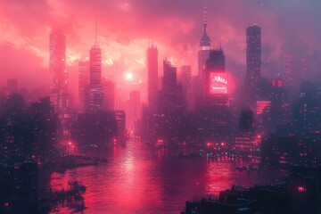 Fototapeta premium futuristic cyberpunk cityscape with neonsoaked skyscrapers and holographic billboards glitch effects distort the skyline creating a surreal blend of retro and hightech aesthetics