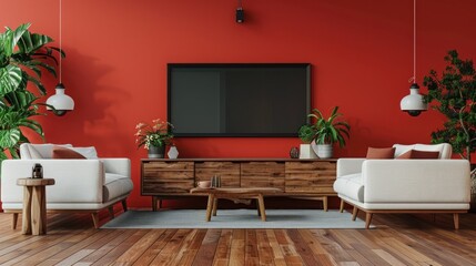 Fototapeta premium A living room with a red wall and a black television