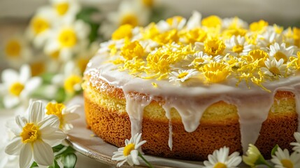A lemon cake topped with a glaze and fresh lemon zest, surrounded by an arrangement of yellow and white daisies and daffodils