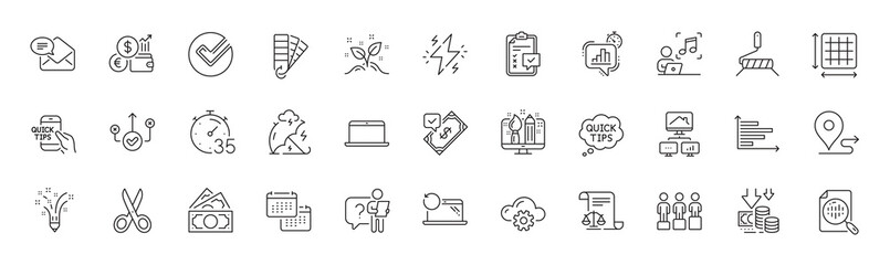Correct way, Power and Music line icons. Pack of Startup concept, Timer, Work home icon. Stress protection, Square area, Equity pictogram. Legal documents, Verify, Money. Calendar. Line icons. Vector