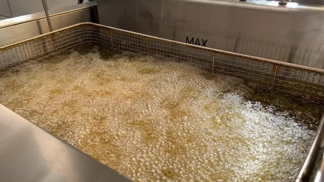 close-up in a professional kitchen, frying mozzarella cheese balls in oil in a deep fryer