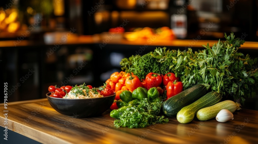 Sticker A vibrant display of fresh vegetables, including bell peppers, zucchini, tomatoes, and herbs, arranged on a rustic wooden table. The natural light enhances the colors and textures of the produce, symb