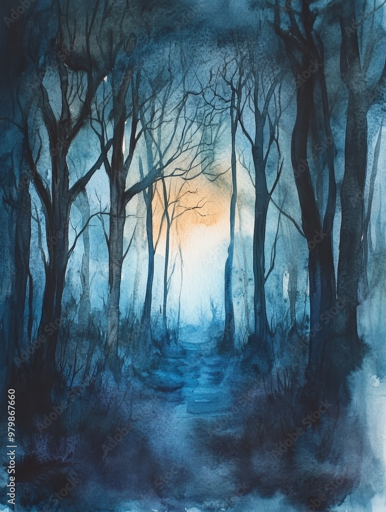 Wall mural A watercolor illustration of a spooky forest path, with tall trees and a sense of mystery. The path leads to a bright light, suggesting hope or danger. The image symbolizes mystery, nature, Halloween,