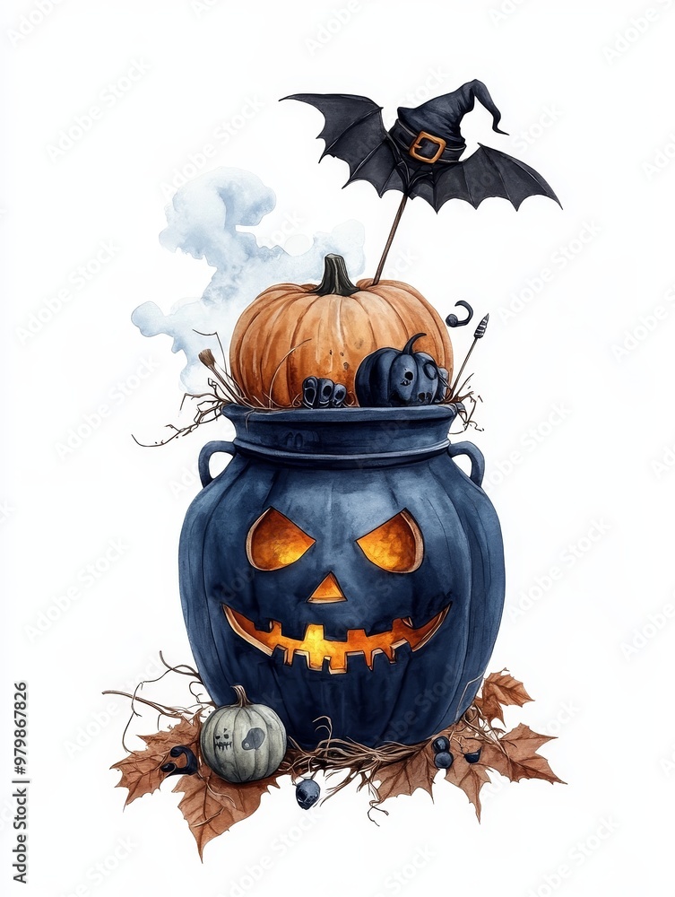 Sticker A whimsical watercolor illustration of a spooky Halloween jack-o-lantern pumpkin with a glowing face, a witch's hat, and bats. The pumpkin is surrounded by leaves and berries, adding to the festive at