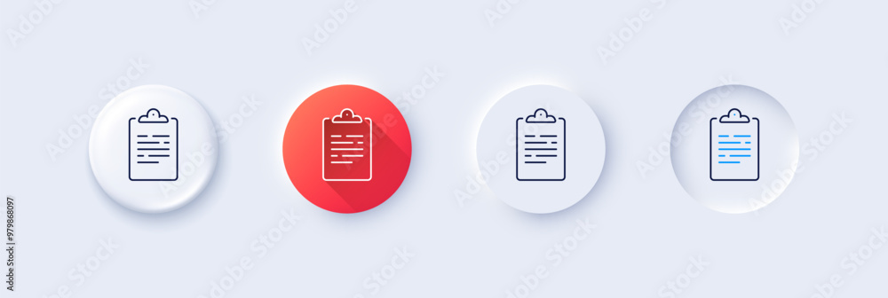 Poster clipboard document line icon. neumorphic, red gradient, 3d pin buttons. agreement file sign. survey 