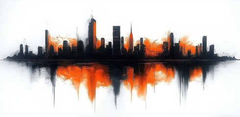 Amazing abstract watercolor painting of a cityscape with black and orange colors. 3D illustration in digital form.