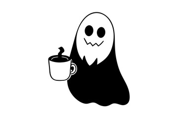 Cute Ghost Holding Coffee And Donut Cartoon Vector Icon Illustration. Food Holiday Icon Concept Isolated Premium Vector. Flat Cartoon Style