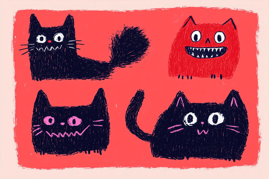 Four whimsical cats with big eyes and teeth playfully smiling and making funny faces on a red background, exuding unique charm and cuteness