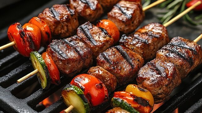 Grilled vegetable skewer, grilled meat with vegetable on a grill.