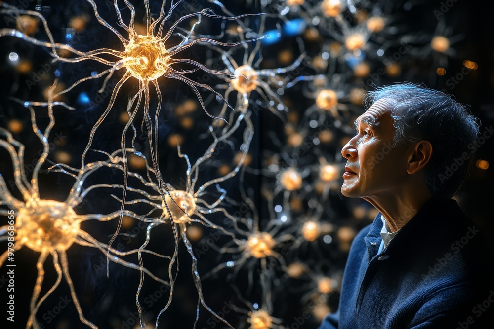 Poster Conceptual illustration of neural network with glowing synapses representing brain activity cognitive function and advanced neural science in a detailed digital illustration