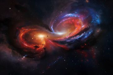 The image features two galaxies merging, with their swirling arms and bright core regions casting vivid, multicolored light into the surrounding darkness