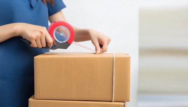 A woman's hand sealing a cardboard box with tape. The box is stacked on top of other boxes.
