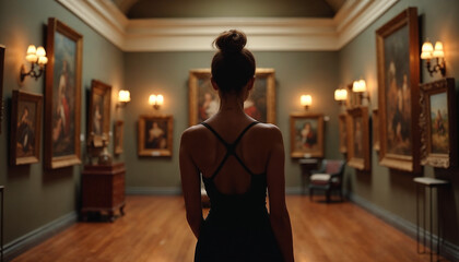 Back portrait of an adult woman in elegant attire, standing in a historic art gallery, with a focus on the contrast between her modern outfit and the museum's classic architecture.






