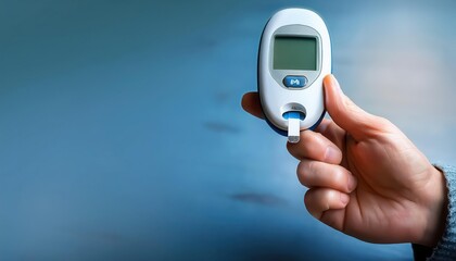A hand holds a blood glucose monitor, a device used to check blood sugar levels.
