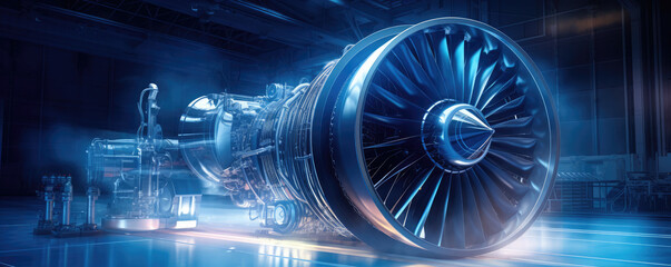 Aircraft engine dismantled in a hangar blue color