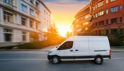 White delivery van driving down city street at sunset.  The van has a blank side, perfect for advertising or branding.