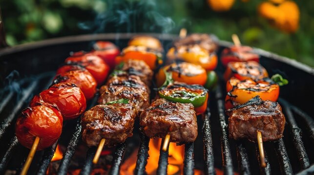 Grilled vegetable skewer, grilled meat with vegetable on a grill.