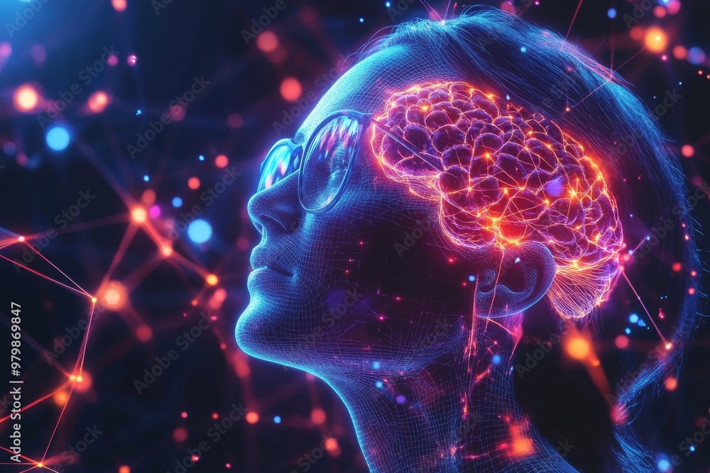 Poster Digital illustration of brain with illuminated neural pathways symbolizing cognitive function mind power and neural energy in an abstract representation of mental processes