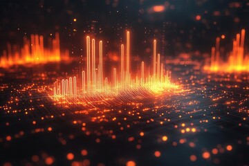 Fototapeta premium 3d bar graph rising dramatically from a digital landscape glowing lines connect data points symbolizing growth and progress in a sleek modern style