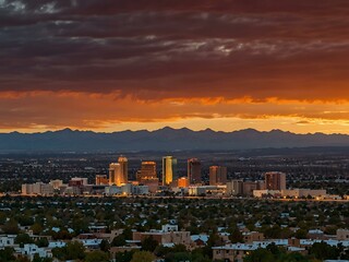 Fototapeta premium The Albuquerque skyline under a brilliant sunset.