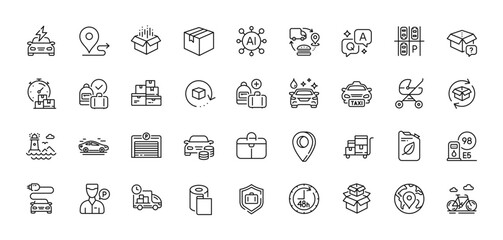 Wholesale goods, Parking garage and Car charging line icons pack. AI, Question and Answer, Map pin icons. 48 hours, Parking place, Lighthouse web icon. Vector