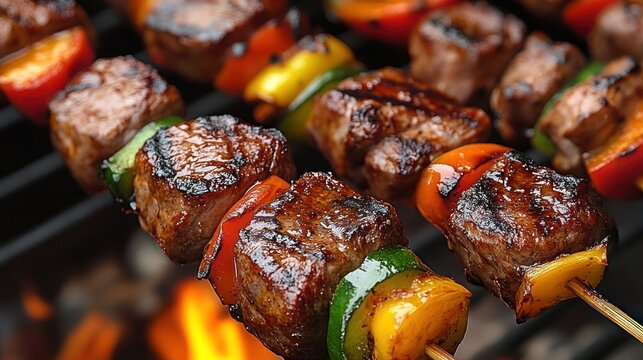 Grilled vegetable skewer, grilled meat with vegetable on a grill.