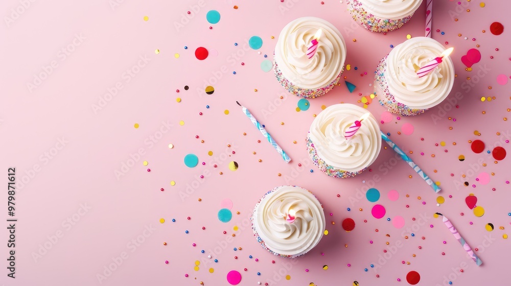 Poster composition of birthday card with candle cake pattern on pink background flat lay view with space fo