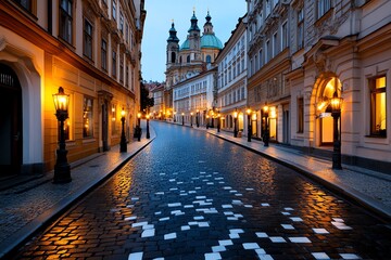 Fototapeta premium A romantic evening in MalÃ¡ Strana, with gas lamps lighting the narrow cobblestone streets and historic buildings