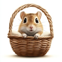 Cute gerbil peeking out of a woven basket, showcasing its adorable features and playful personality, white background