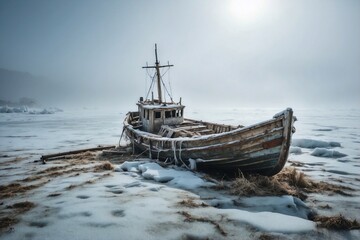 An Icy Boat Standing on a Snowy Shore, Surrounded by Ice and Remnants of a Broken Ship