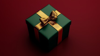 Fototapeta premium Elegant Festive Gift Box with Glossy Green Wrapping Paper and Golden Ribbon for Holiday Celebration