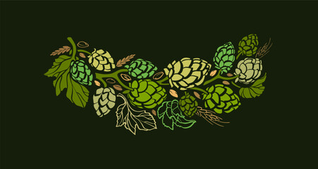 Hops and malt for beer brewing Vintage art border