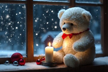 White Plush Bear on the Windowsill Watching Snowflakes Outside and a Bright Christmas Tree
