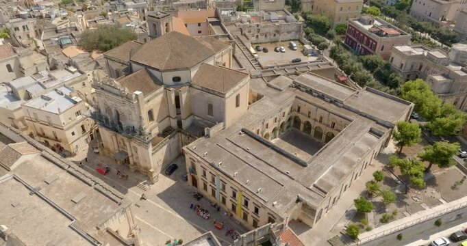Aerial view of the Basilica of San Giovanni Battista al Rosario in Lecce, Puglia, Italy. It is a church in the historic center of the Apulian city, located near Porta Rudiae.