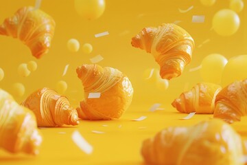 Floating croissants in vibrant yellow scene