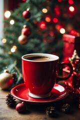 Red Christmas Coffee Mug Next to a Sparkling Christmas Tree