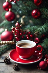 Red Christmas Coffee Mug Next to a Sparkling Christmas Tree
