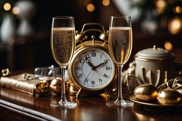Two Glasses of Champagne and Elegant Clocks on a Table Adorned in Golden Tones