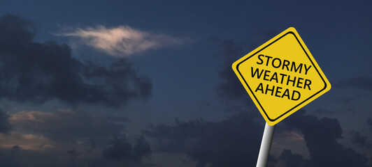 Stormy Weather Ahead SignBoard, Hurricane indication. Graphic banner of hurricane warning. Icon,...