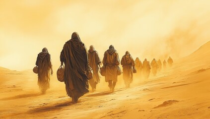 Fototapeta premium The Fall of Jerusalem and the Exile: Bible Wall Art Depicting Exiles on a Dusty Road to Babylon, Biblical Illustration on Beige Background