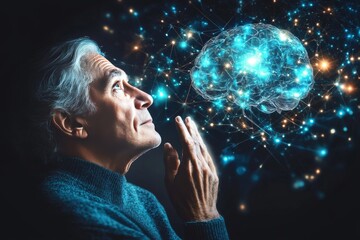 Naklejka premium Elderly man with thoughtful gaze in profile looking at floating holographic brain symbolizing cognitive research wisdom and future brain science advancements in a conceptual illustration