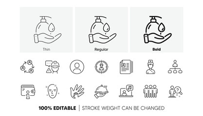 Search employee, Cv documents and Headhunting line icons. Pack of Health skin, Music, Social responsibility icon. Wallet, Builder warning, Friendship pictogram. Doctor, Restaurant food. Vector