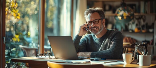 Man in his thirties sitting at a dining table with a laptop, making a phone call, looking relaxed and smiling, surrounded by a cozy home environment.