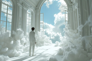 Man in white robes standing in a white hall with windows overlooking the sky, filled with clouds paradise or another world. Lightness, freedom, tenderness, harmony and tranquility concept.