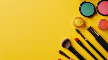 Naklejka premium Decorative cosmetics on yellow background for makeup concept with copy space