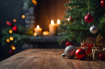 Empty wooden table, candle, ball christmas tree, lights on background, blurred bokeh. Christmas mock up banner to display, advertise product, promotion sale, presentation. New year, winter background.