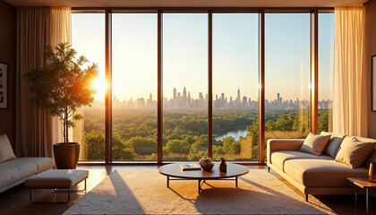 Fototapeta premium Elegant room with floor-to-ceiling window showcasing Central Park’s lush greenery.
