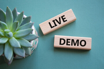 Live Demo symbol. Concept word Live Demo on wooden blocks. Beautiful grey green background with...